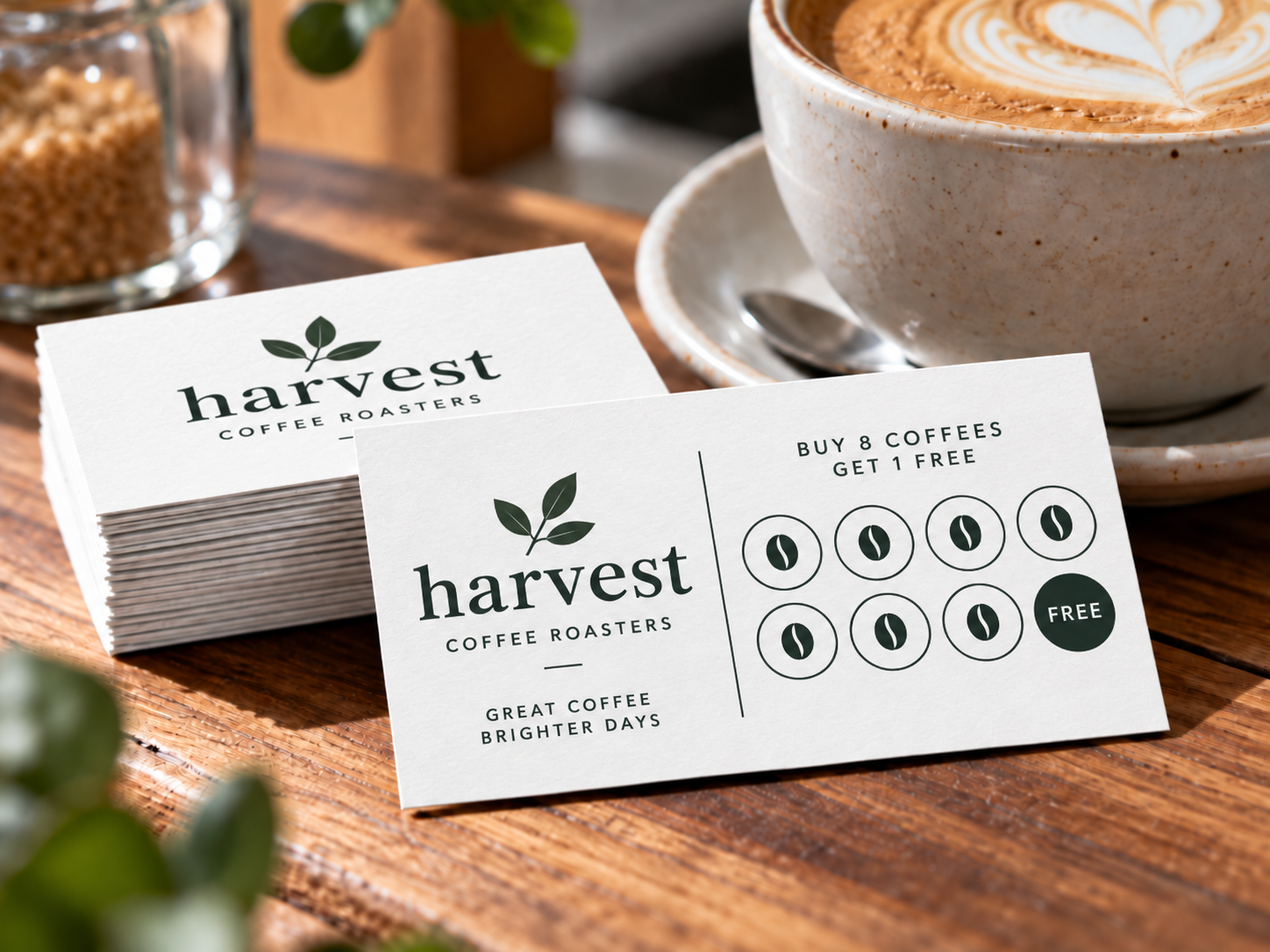White recycled coffee loyalty cards with a clear stamp grid beside a café latte