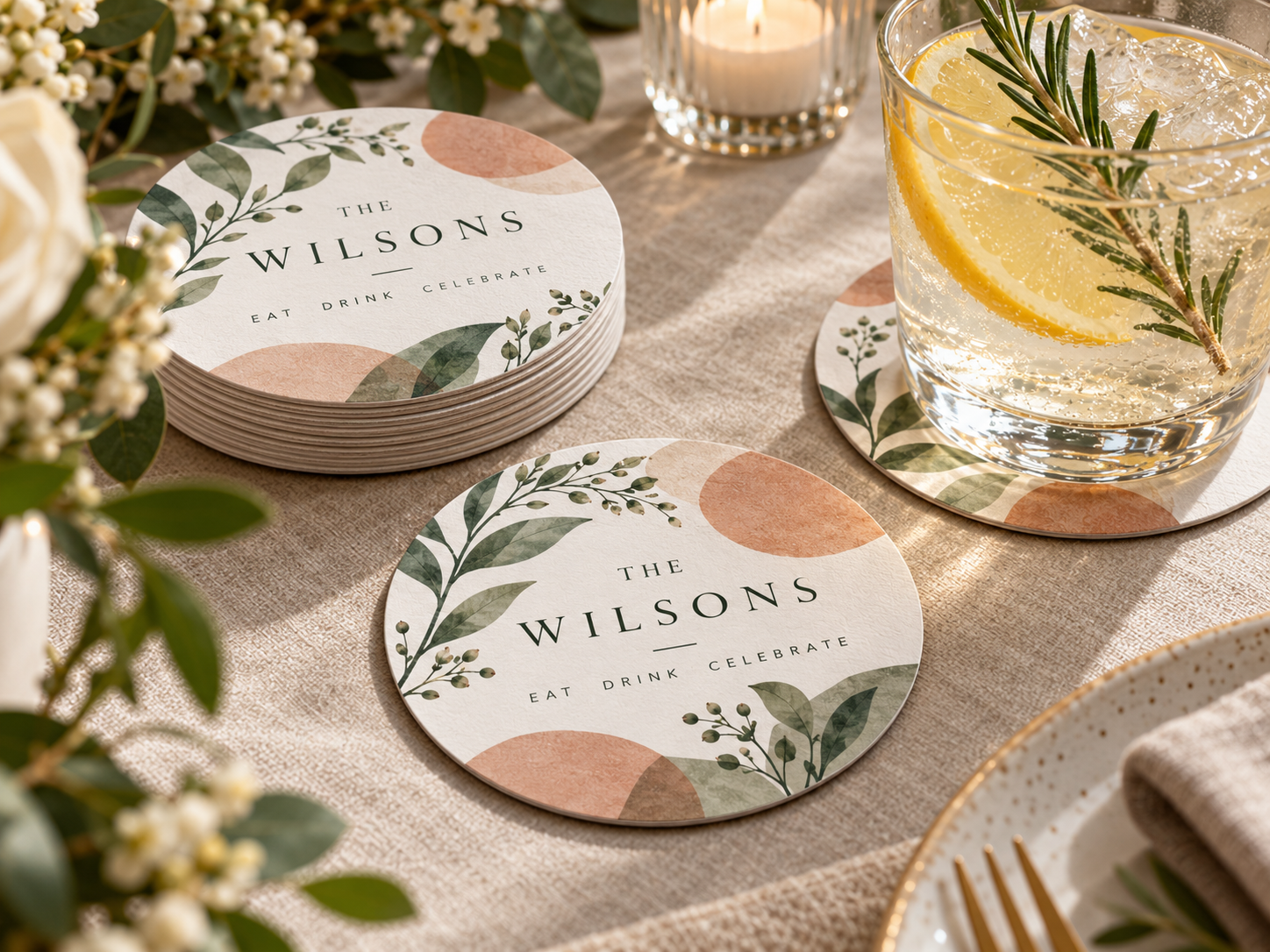 Round custom printed event coasters on white recycled coasterboard