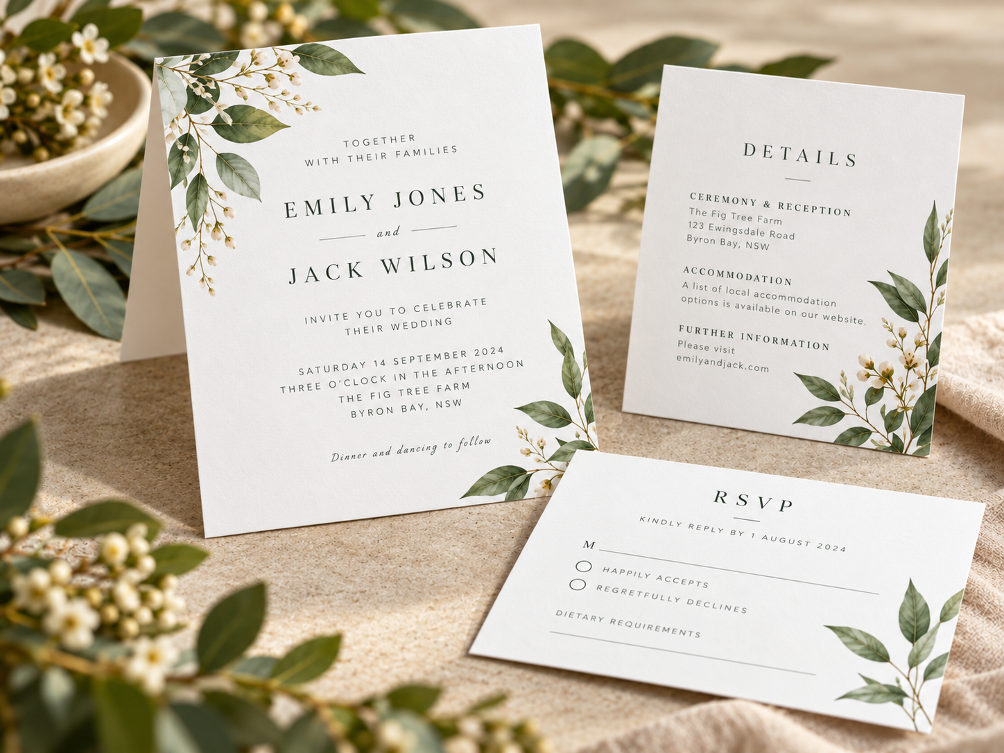 Elegant envelope-free wedding stationery on white recycled uncoated stock