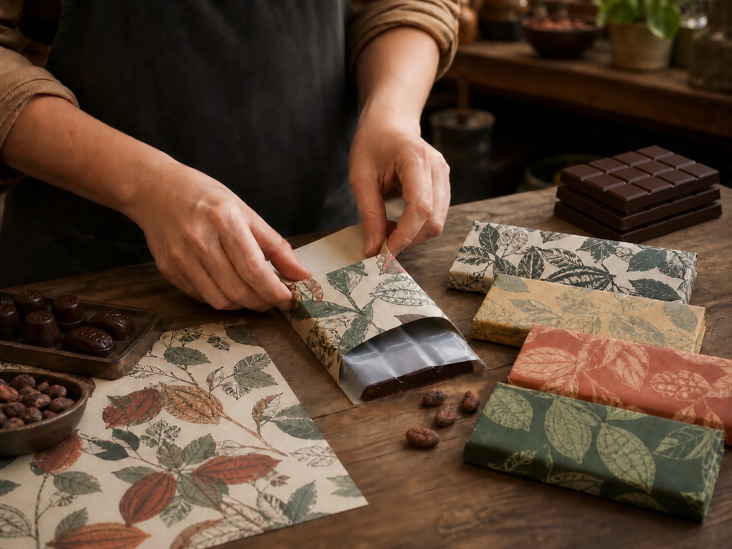Custom recycled wrapping paper used as a printed outer wrap for a retail chocolate product