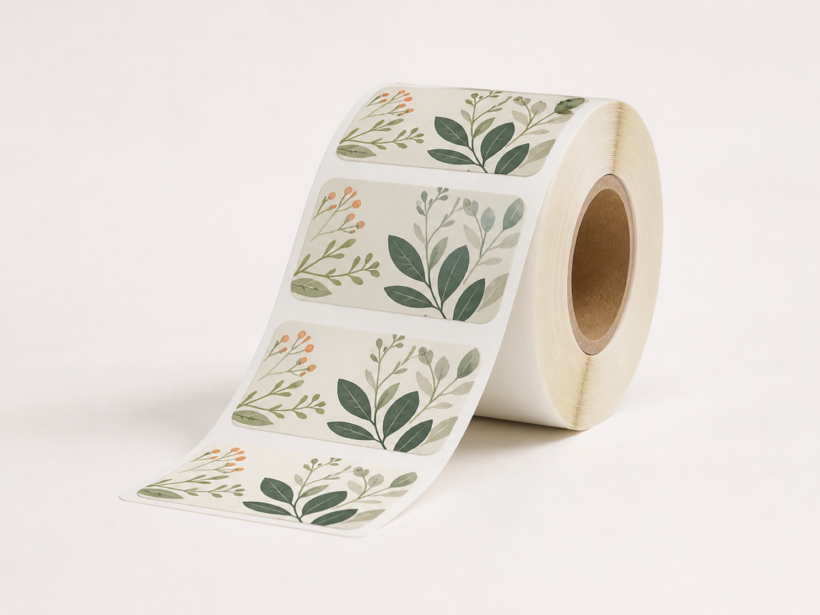 A roll of custom printed botanical labels on a standard 70 millimetre core