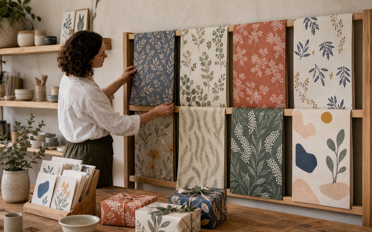 Independent shop displaying a coordinated collection of illustrated flat wrapping-paper sheets on wooden rails