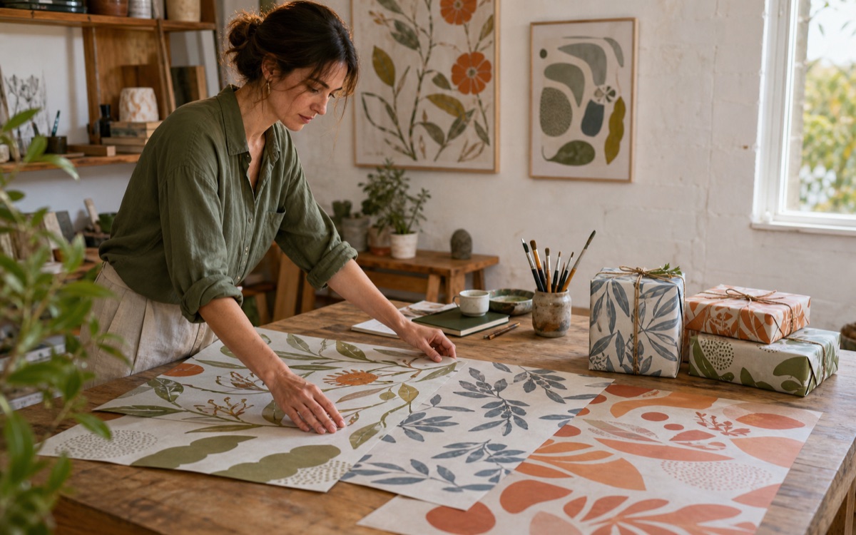 Artist arranging several illustrated recycled wrapping-paper sheets in a light-filled studio