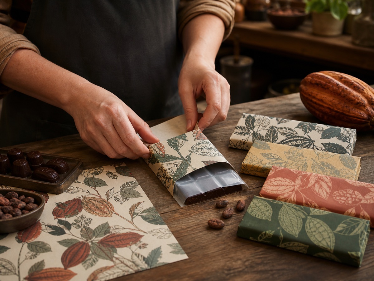 Chocolatier folding a small custom printed recycled-paper outer wrap around a food-safe inner-wrapped chocolate bar