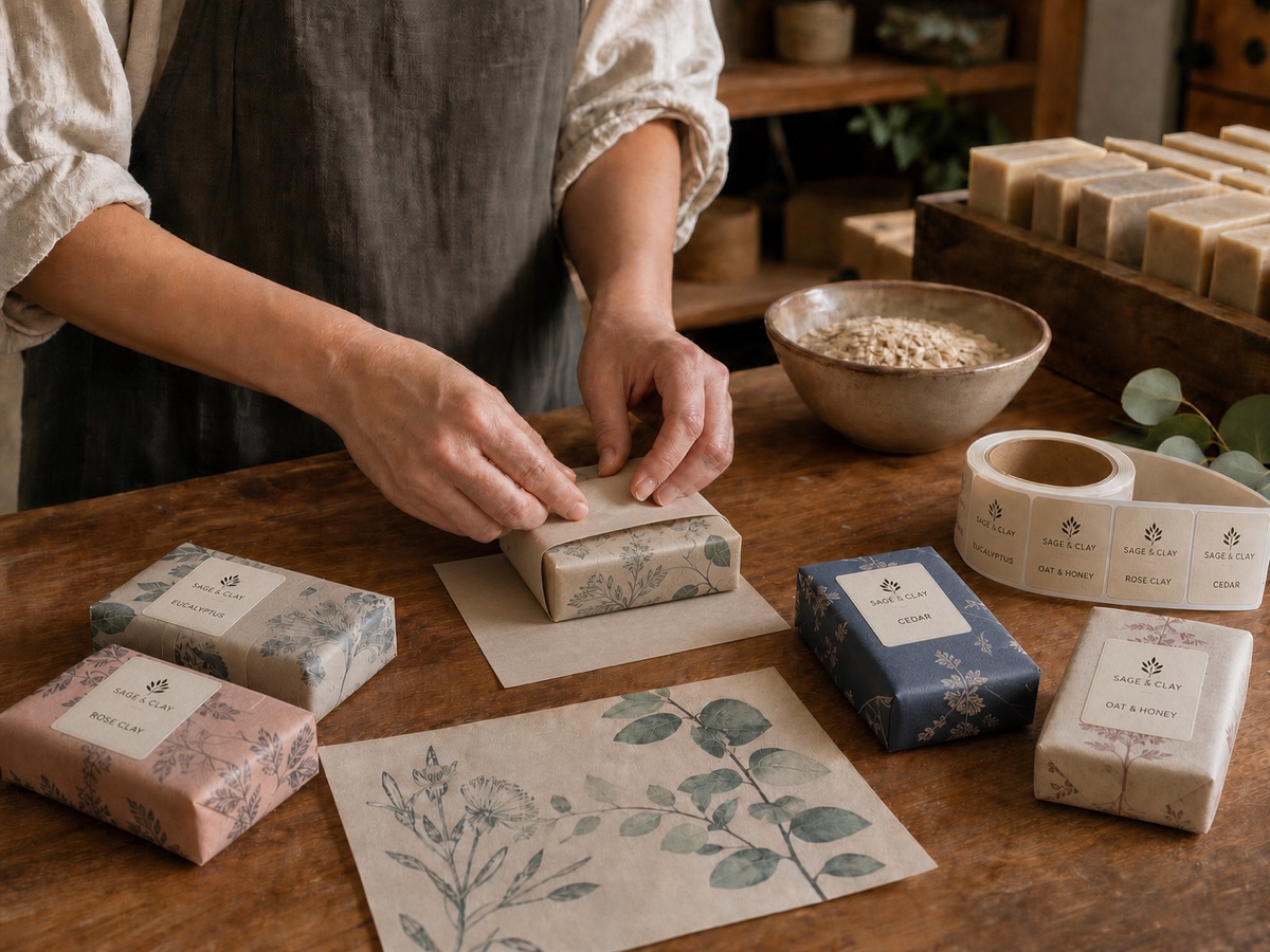 Soap maker wrapping handmade bars in illustrated recycled paper and applying different product labels from a roll