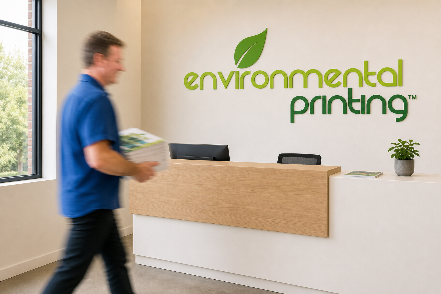 Modern Environmental Printing reception with wall signage and a team member carrying printed goods