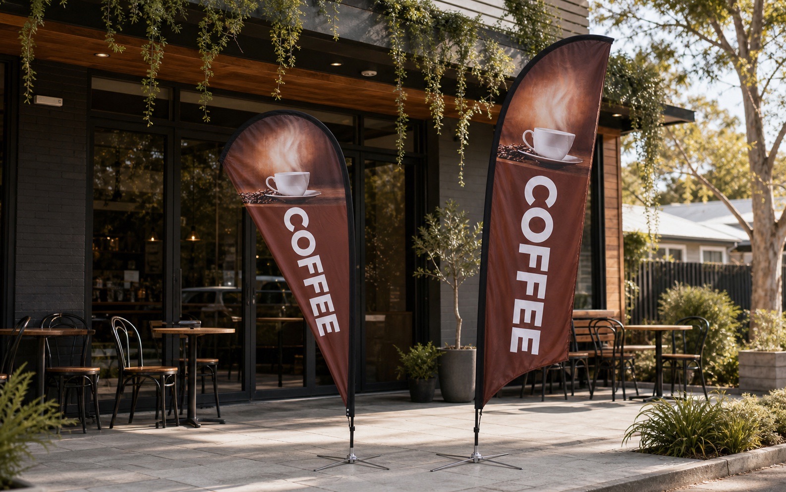 Teardrop and bow coffee promotional flags outside a contemporary Australian café
